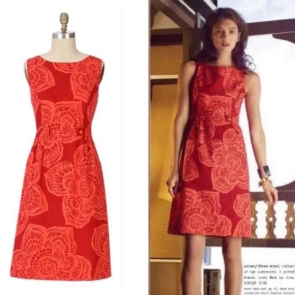 Anthropologie Red and Orange Floral Sheath Dress
